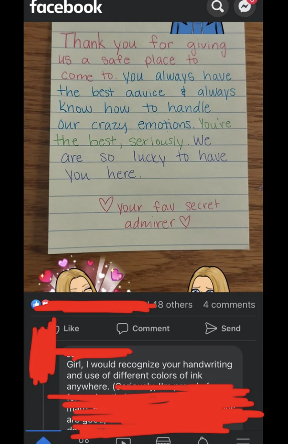 Handwritten thank you note with emojis and likes visible, text content is appreciative. Comments include a handwriting compliment