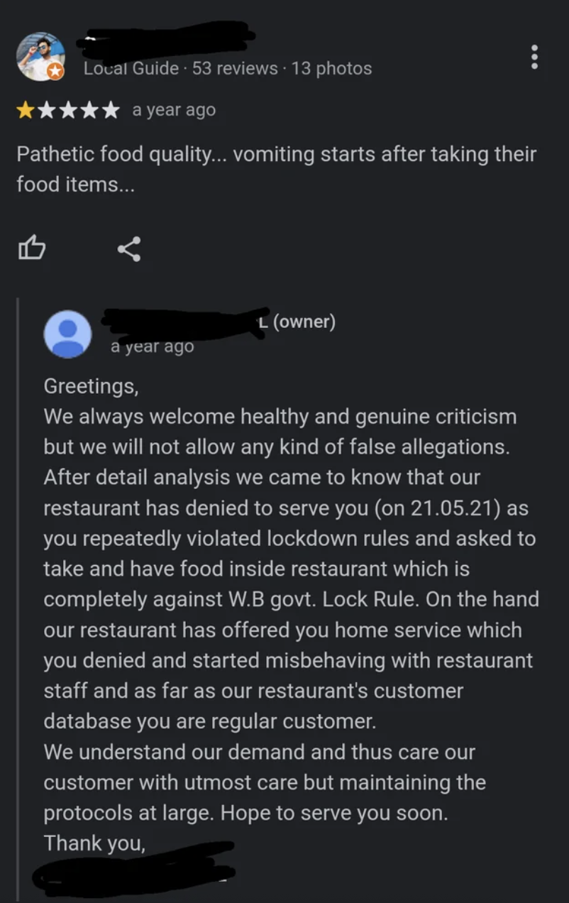 A smartphone screenshot showing a 1-star review complaining about photos of food, and the restaurant&#x27;s detailed, polite response addressing concerns