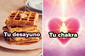 Montaje con dos imágenes: a la izquierda, gofres con mantequilla y, a la derecha, un corazón brillante que simboliza un chakra