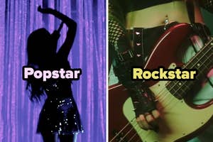 Silueta de una cantante en pose y un guitarrista con texto "Popstar" y "Rockstar"