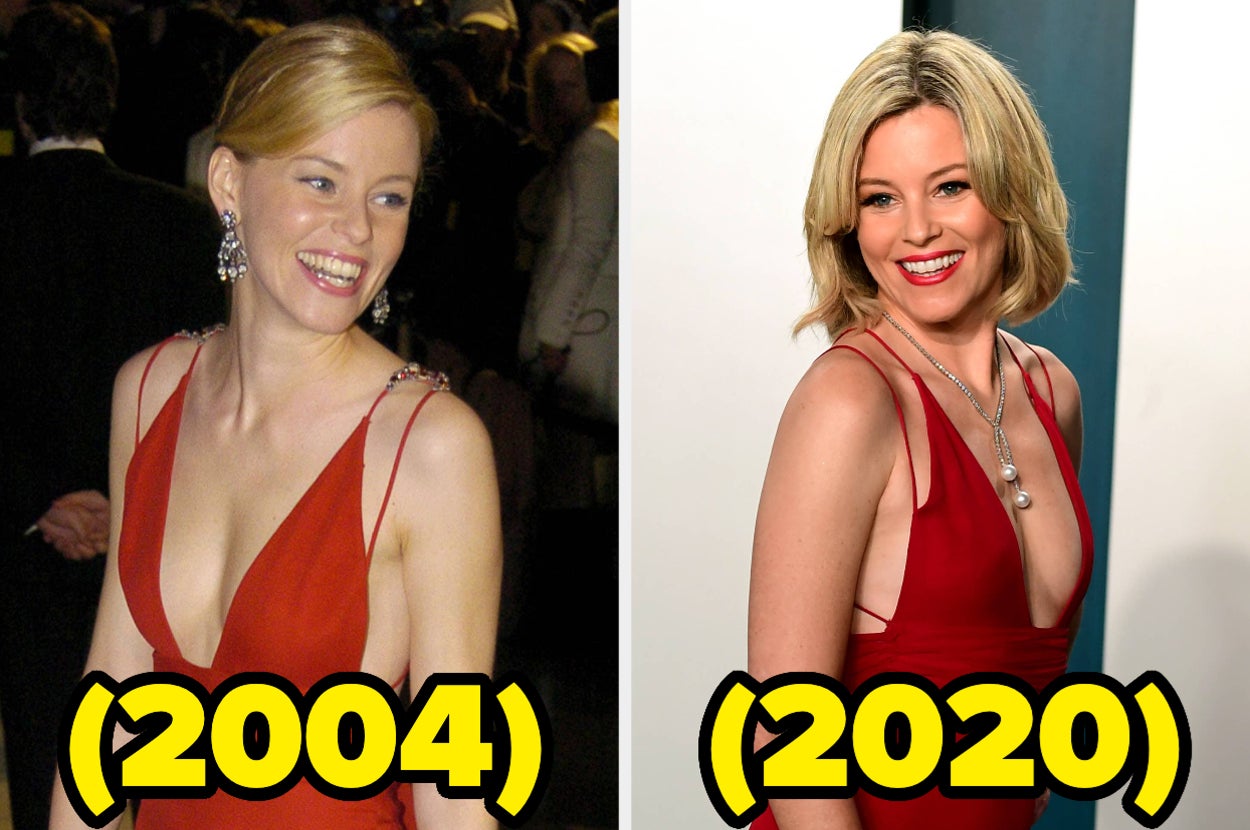 Split image of Elizabeth Banks in different years wearing similar red dresses at events