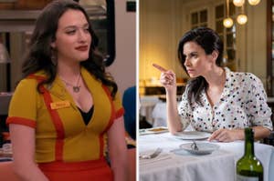 Max and Caroline from "2 Broke Girls" in their work and casual outfits, respectively, in separate frames