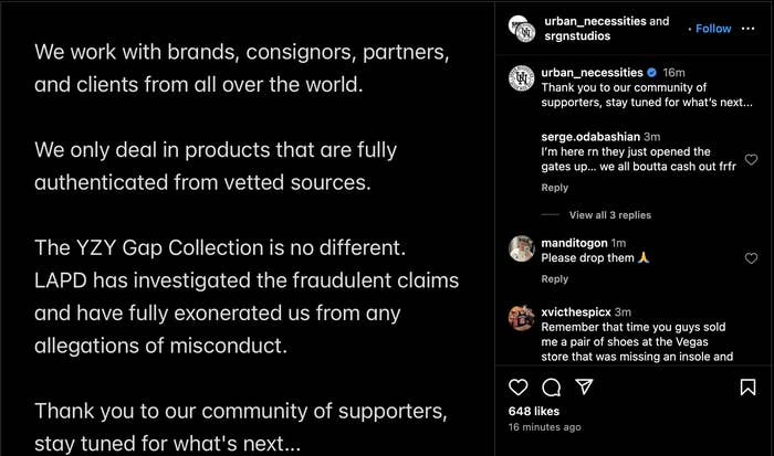 Brand statement denying fraudulent claims about their YZY Gap Collection, promising authenticity and announcing LAPD&#x27;s involvement
