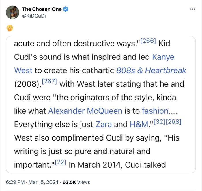 Summary of tweet discussing Kid Cudi&#x27;s influence on Kanye West and their collaboration, mentioning designers like Alexander McQueen and H&amp;M