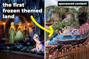 Visitors enjoy a roller coaster ride in a Frozen-themed amusement park, with an arrow pointing from Elsa and Anna to the ride