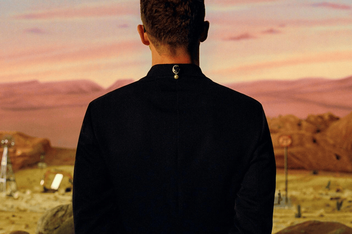 Person facing away, wearing a black jacket, with a desert and sunset backdrop