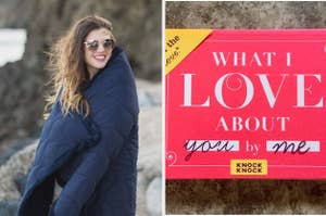 Woman wrapped in a blanket on the left, and a 'What I Love About You' fill-in journal on the right