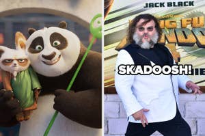Photo split between animated characters Po and Master Shifu from "Kung Fu Panda" and actor Jack Black posing whimsically, mimicking Po's stance