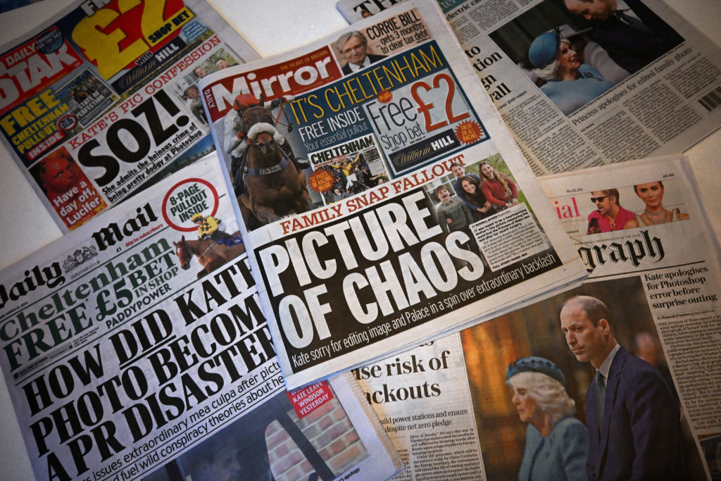 Assorted newspapers with headlines about a chaotic event, featuring pictures of royals
