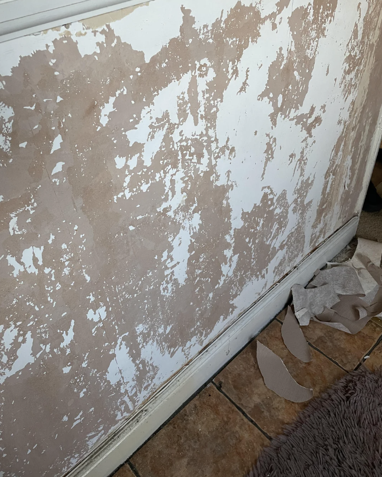 Textured wallpaper removal process is being shown inside a home