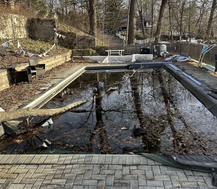An in-ground pool is cluttered with dirt and leaves in a backyard