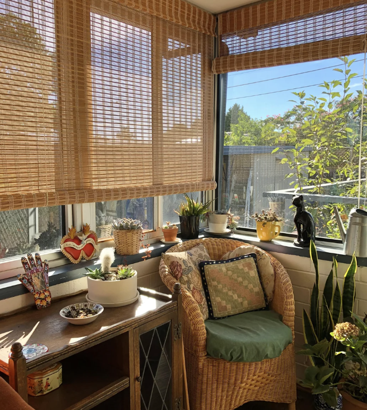 Sunlit cozy sunroom with plants and a dining area, viewed from an indoor perspective