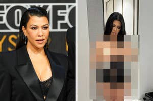 写真には2人の女性、左はブレザースタイルの服を着てカメラを見つめるKourtney Kardashian、右はぼかされて識別不可です。