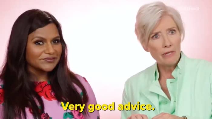 Mindy Kaling and Emma Thompson in conversation, with Thompson saying &quot;Very good advice.&quot;