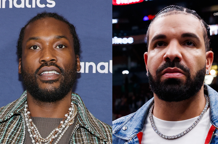 Meek Mill and Drake side by side, Mill in patterned jacket with chains, Drake in denim jacket
