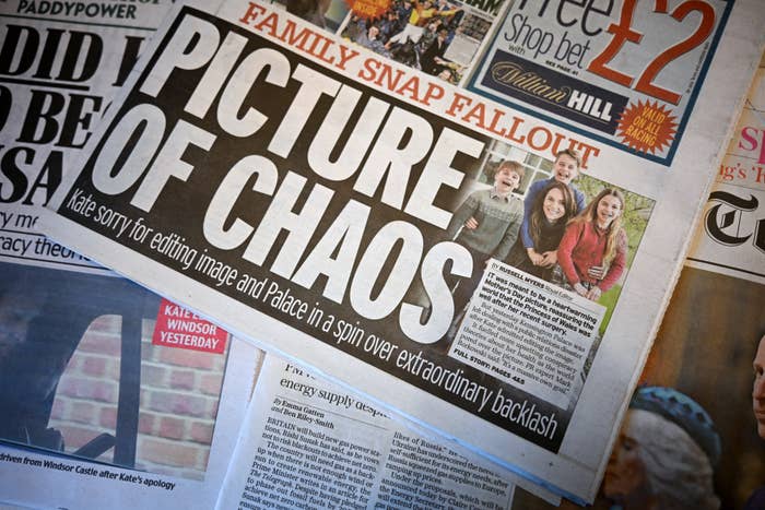 Newspaper headline "PICTURE OF CHAOS" with a family photo and article on editorial backlash