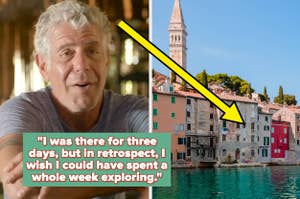 Split image of a man sitting at a table and a scenic view of coastal buildings with an arrow pointing at one. Text overlay quotes the man