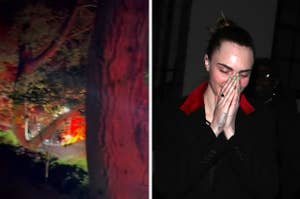A fire at Cara Delevingne's home vs Cara Delevingne with her hands together near face