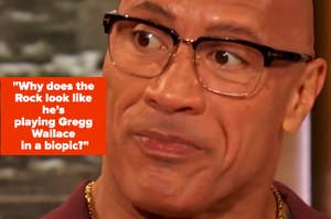 Dwayne Johnson with a surprised expression during an interview, with a humorous caption about his look