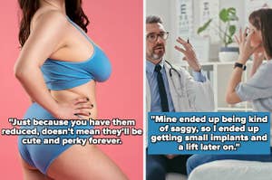 Woman in fitness attire with quote on body positivity, and a doctor advising a patient with a quote on personal health choices