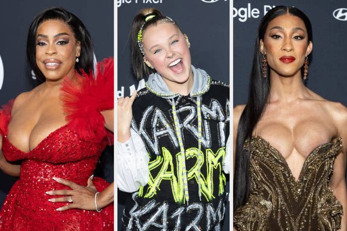 Three celebrities on a red carpet; first in a red feathered gown, middle in a jacket with "KARMA" written, third in a gold plunging neckline dress