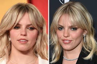 Split image of a celebrity with blonde wavy hair and bangs, wearing subtle makeup and earrings