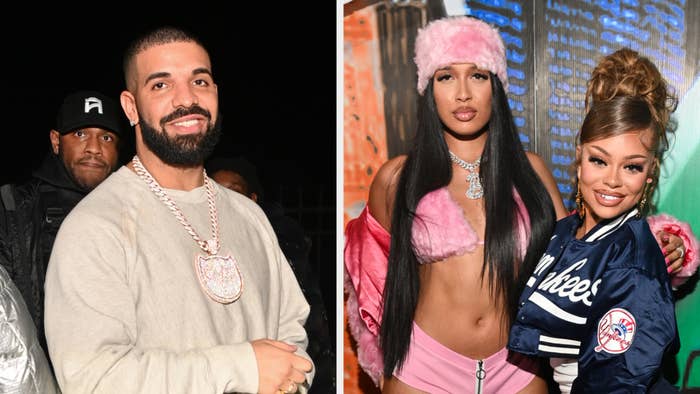 Two separate photos: left shows Drake in a sweater with OVO owl necklace; right is Brooklyn Nikole in a pink outfit and Latto in a jacket