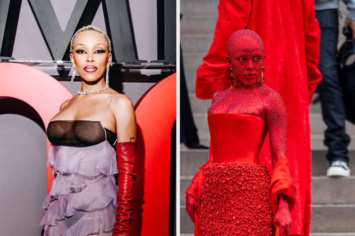 左は透け感のあるドレスを着用した女性、右は赤いビーズドレスの女性。