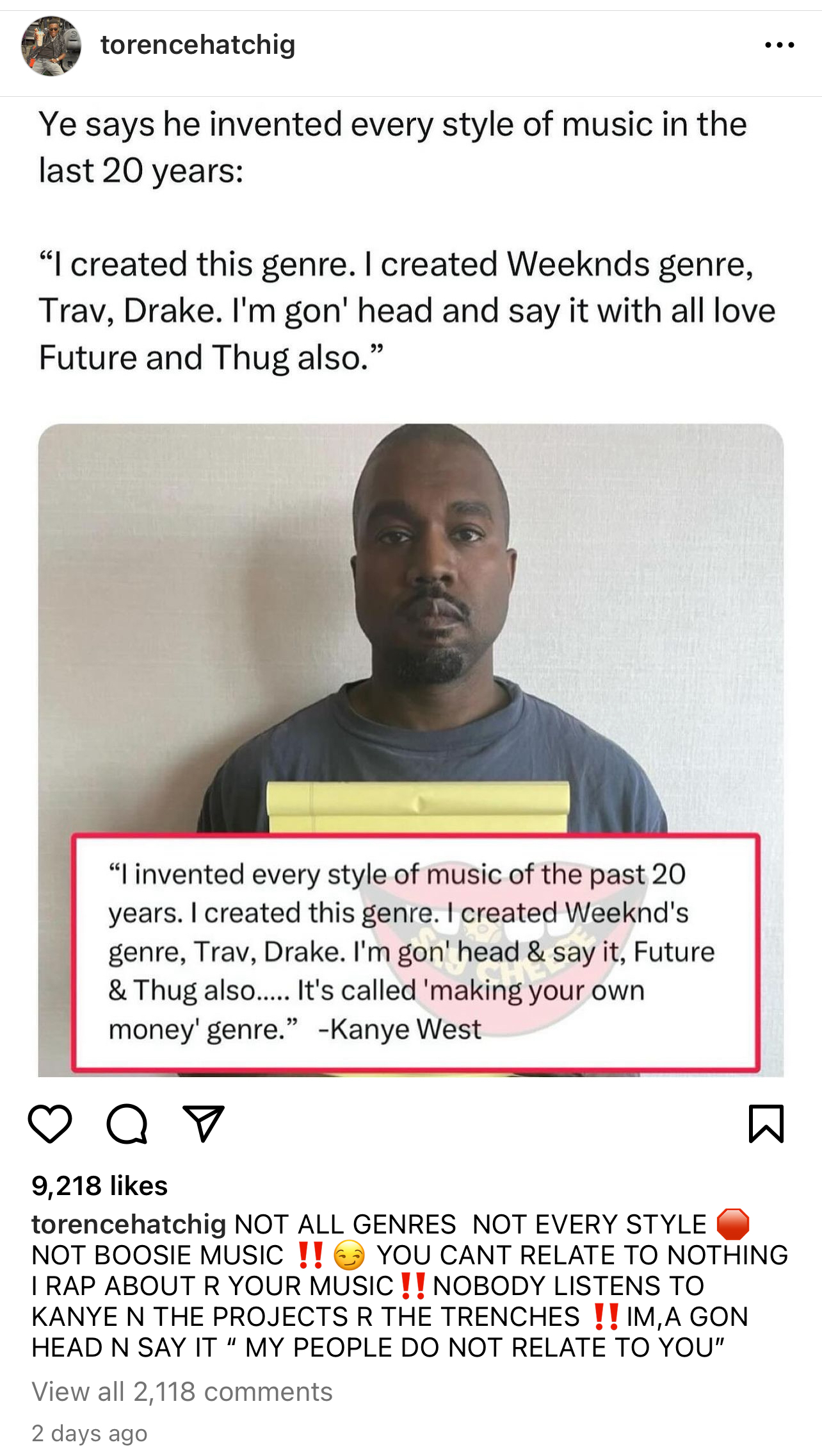 Instagram screenshot. Kanye West poses with quote about inventing a music style, surrounded by social media interface elements