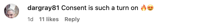 Instagram comment by user 'dagray01' reads "Consent is such a turn on" followed by a flame emoji