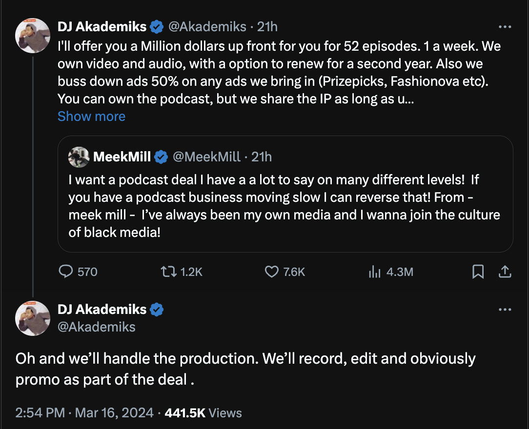 A screenshot of tweets from DJ Akademiks and Meek Mill discussing a potential business collaboration in the music podcasting space