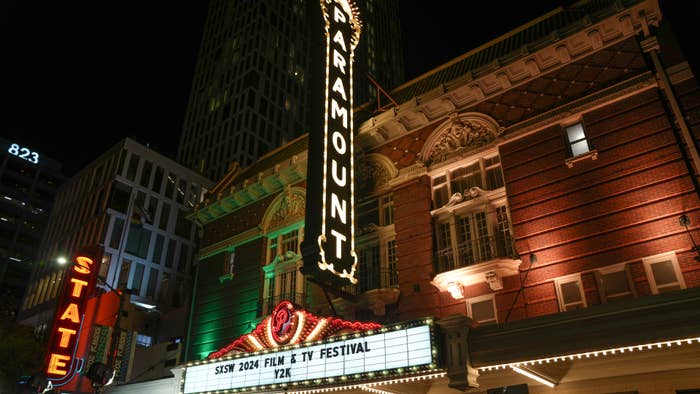 Marquee of the Paramount Theatre lit up at night for the SXSW Film &amp; TV Festival