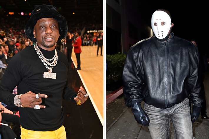 Two images; left shows Boosie Badazz in a black outfit with chains, and right depicts Kanye West in a leather jacket with a mask