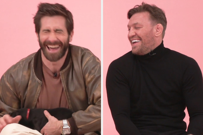 Jake Gyllenhaal and Conor McGregor laughing in BuzzFeed puppy interview