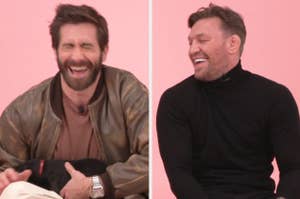 Jake Gyllenhaal and Conor McGregor laughing in BuzzFeed puppy interview