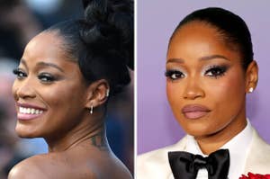 Two side-by-side portraits of Keke Palmer, one sporting an updo hairstyle and the other with a white blazer and black bow tie
