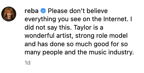 Reba McEntire clarifies she did not criticize Taylor, praises her as a strong role model and artist, and her contributions to music