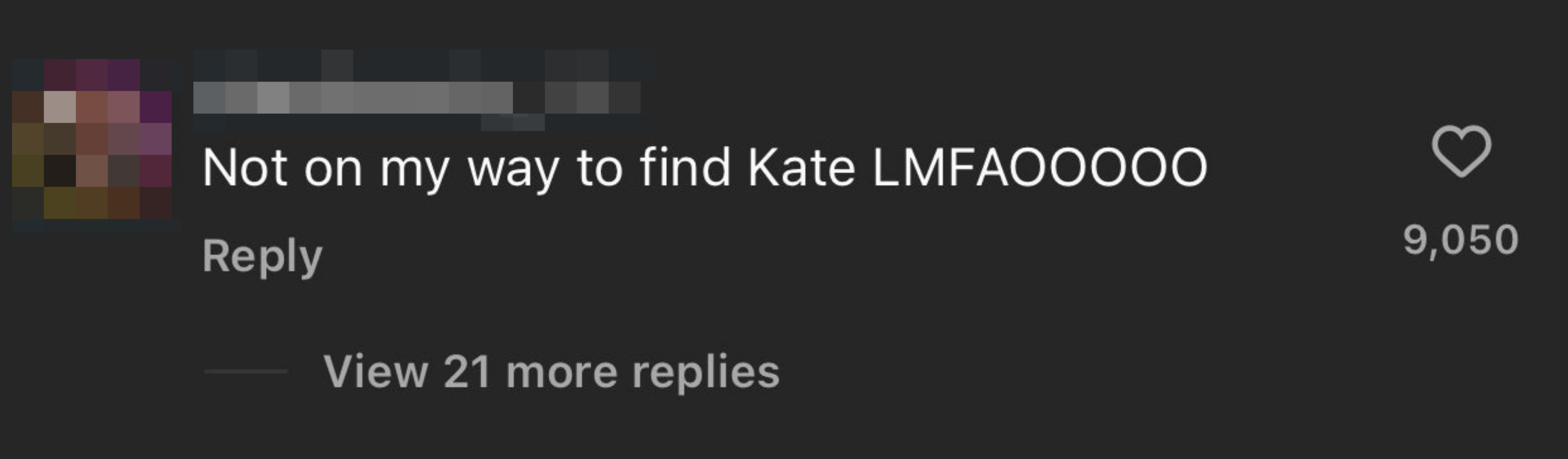 Instagram comment by user &#x27;shamilrosario_&#x27; saying &quot;Not on my way to find Kate LMFAOOOOO&quot; with 9,050 likes
