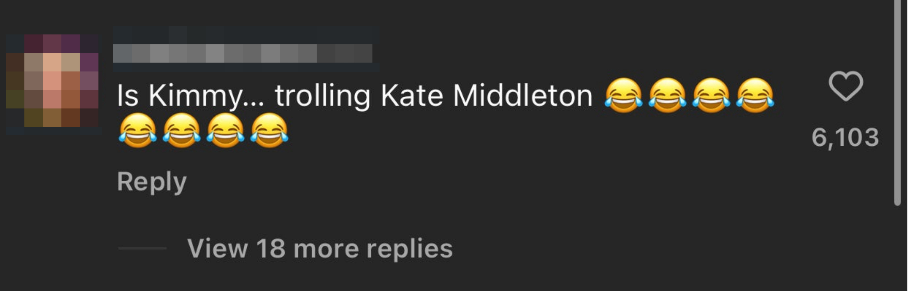 Social media comment questioning if Kim Kardashian is trolling Kate Middleton, shown with laughing emojis