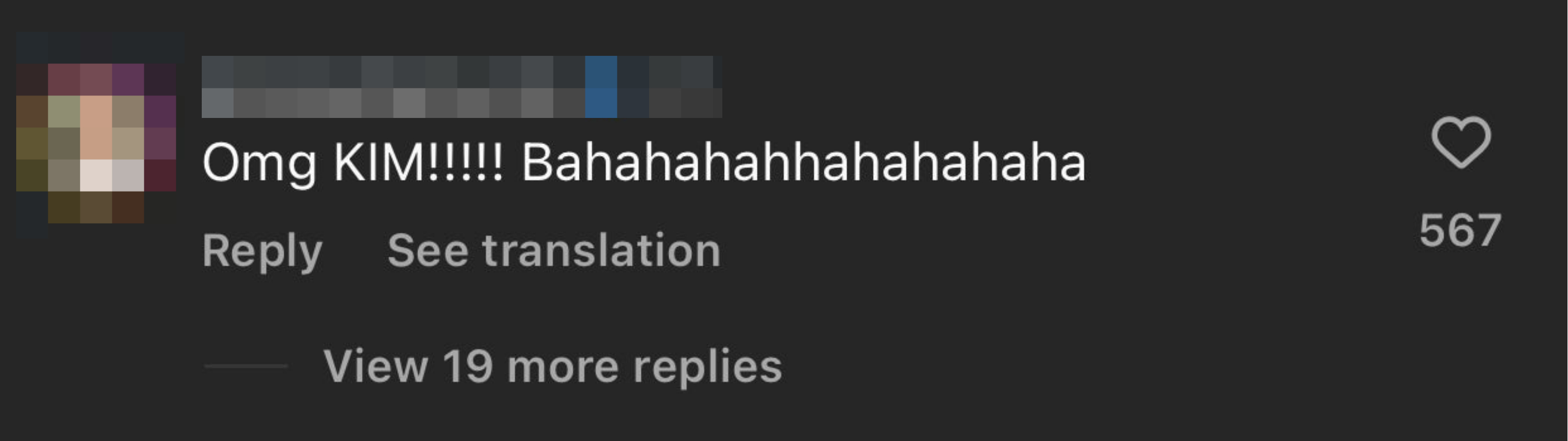 Screenshot of a social media comment by user simoneharouche reacting to KIM with laughter