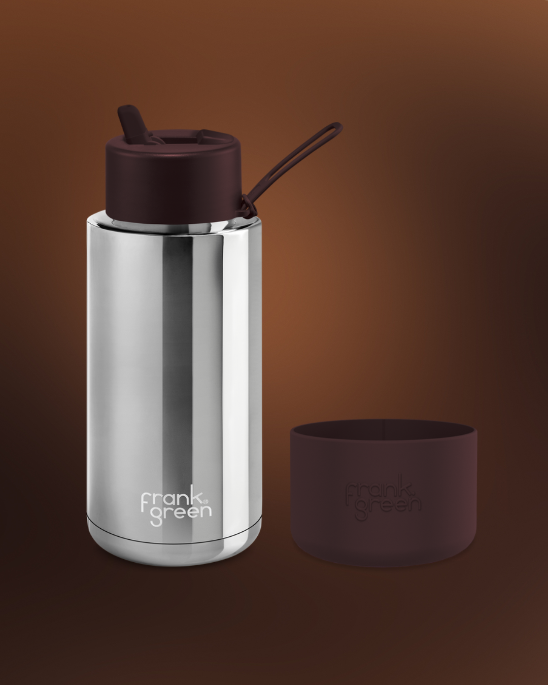 Stainless steel Frank Green water bottle with flip-top lid and matching cup, engraved with brand name