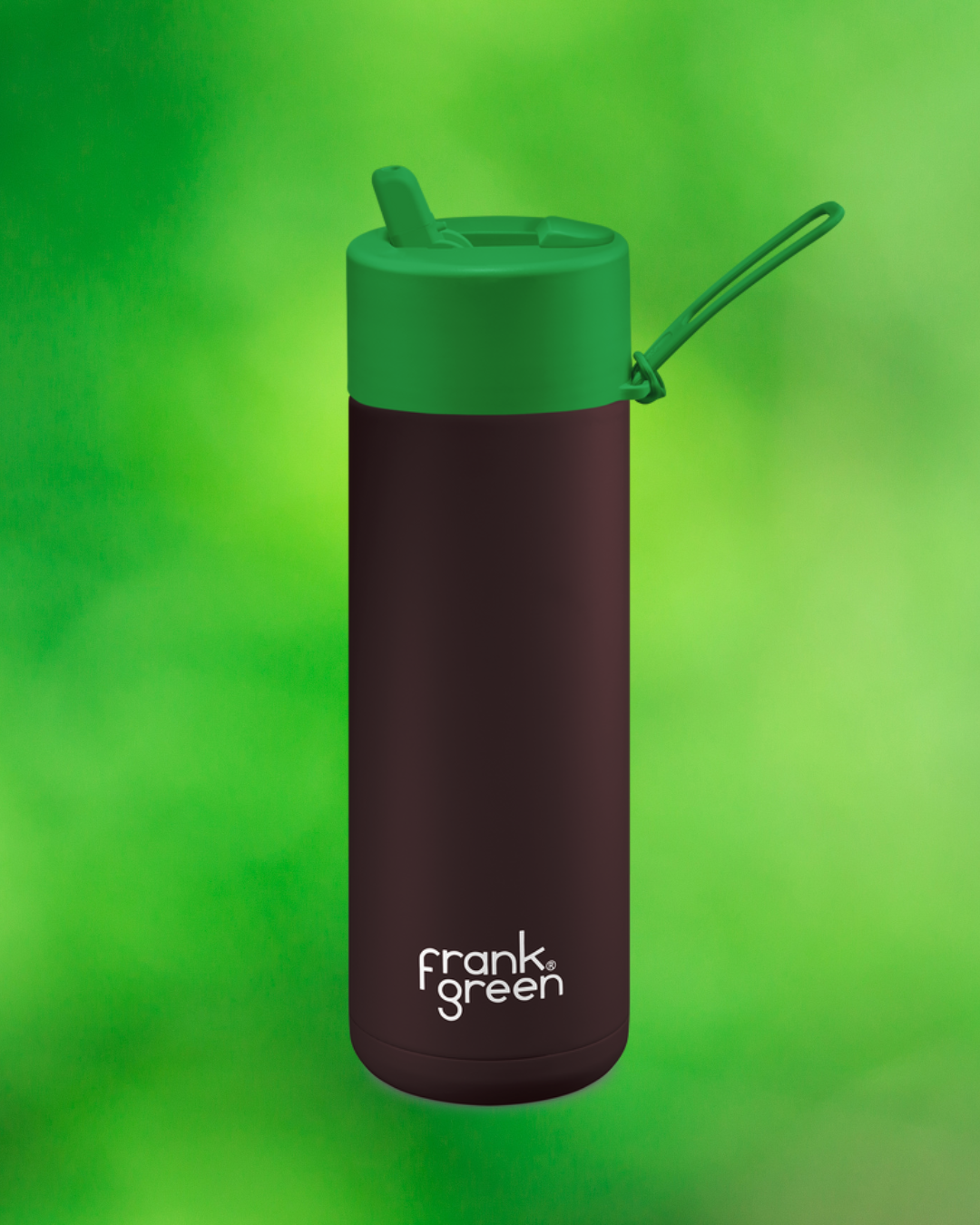 Reusable Frank Green water bottle with a flip-top lid and carrying handle