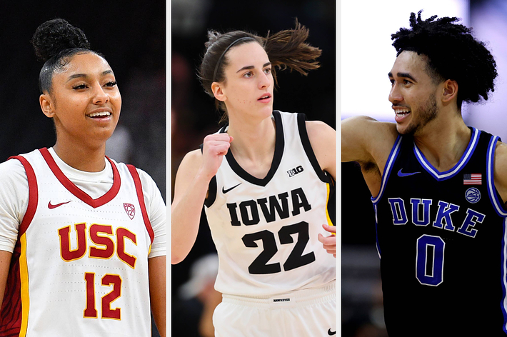 Three college basketball players in uniforms representing USC, Iowa, and Duke, smiling and in action poses