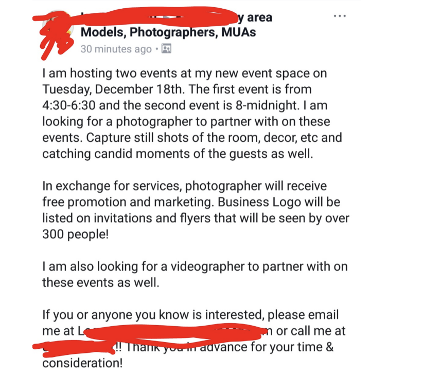 &quot;In exchange for services, photographer will receive free promotion and marketing.&quot;