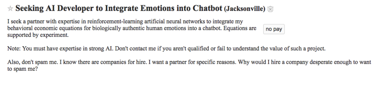 Job ad seeking AI developer to incorporate emotions into chatbot, stressing expertise in AI and neural networks, no pay offered