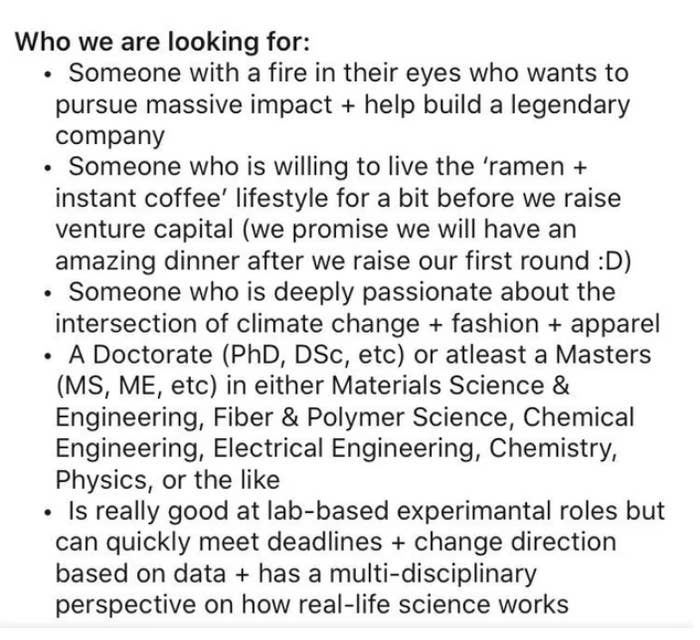 Text on a white background listing qualities for a job candidate, including passion for change and various technical degrees