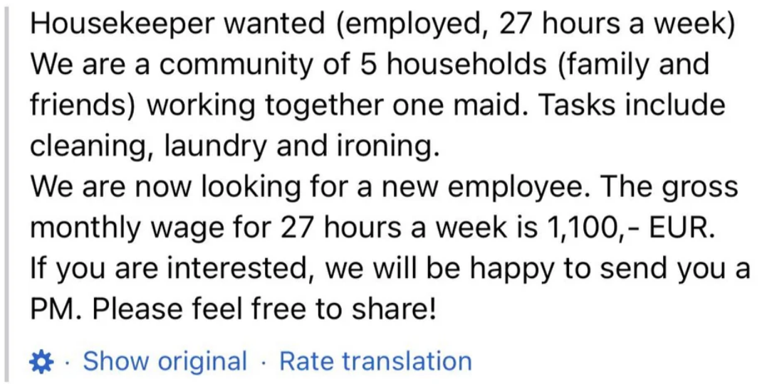 Job ad seeking a housekeeper for 27 hours a week across 5 households, offering a monthly wage of 1,100 EUR