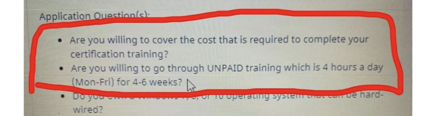 Application question highlighted asking about covering training costs and availability for a 4-6 week UNPAID training program
