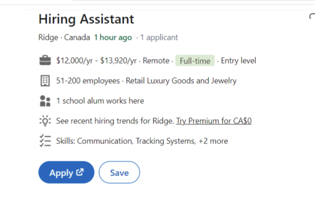 Job posting for a &quot;Hiring Assistant&quot; position with salary info, skills required, and an &quot;Apply&quot; button visible