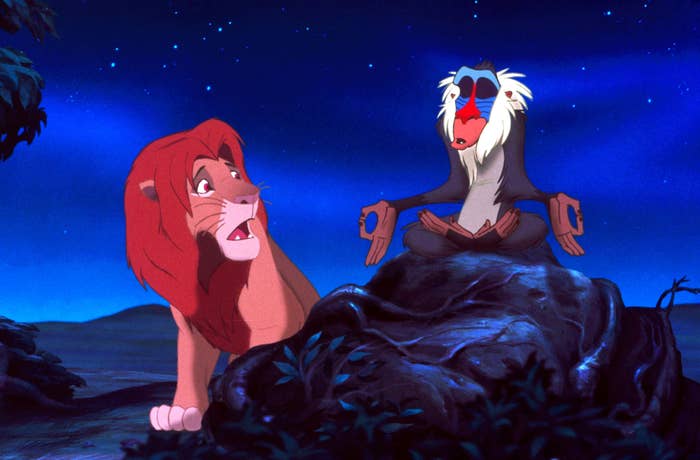 Simba and Rafiki in a scene from The Lion King, with Rafiki gesturing outward and Simba looking up attentively
